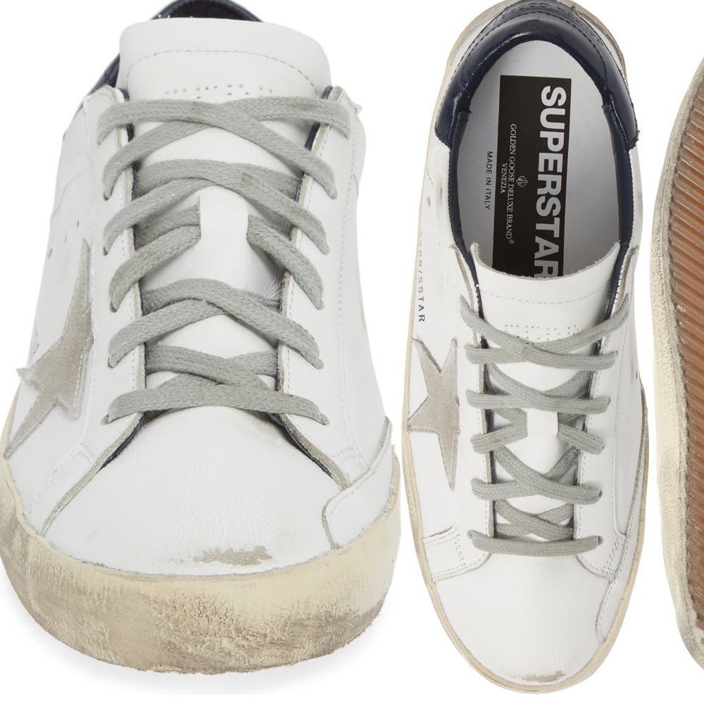 GOLDEN GOOSE WHITE SUPER STAR WITH STAR AND DARK NAVY HELLS. SIZE 39. NEW - Picture 2 of 13